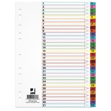 Przekładki kartonowe Q-Connect Mylar A4, numeryczne, 1-31, 31 kart, lam. indeks, mix kolorów