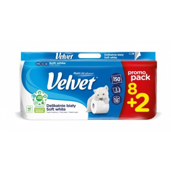 Papier toaletowy Velvet Delikatnie Biały, 3-warstwowy, 8+2 rolki, biały
